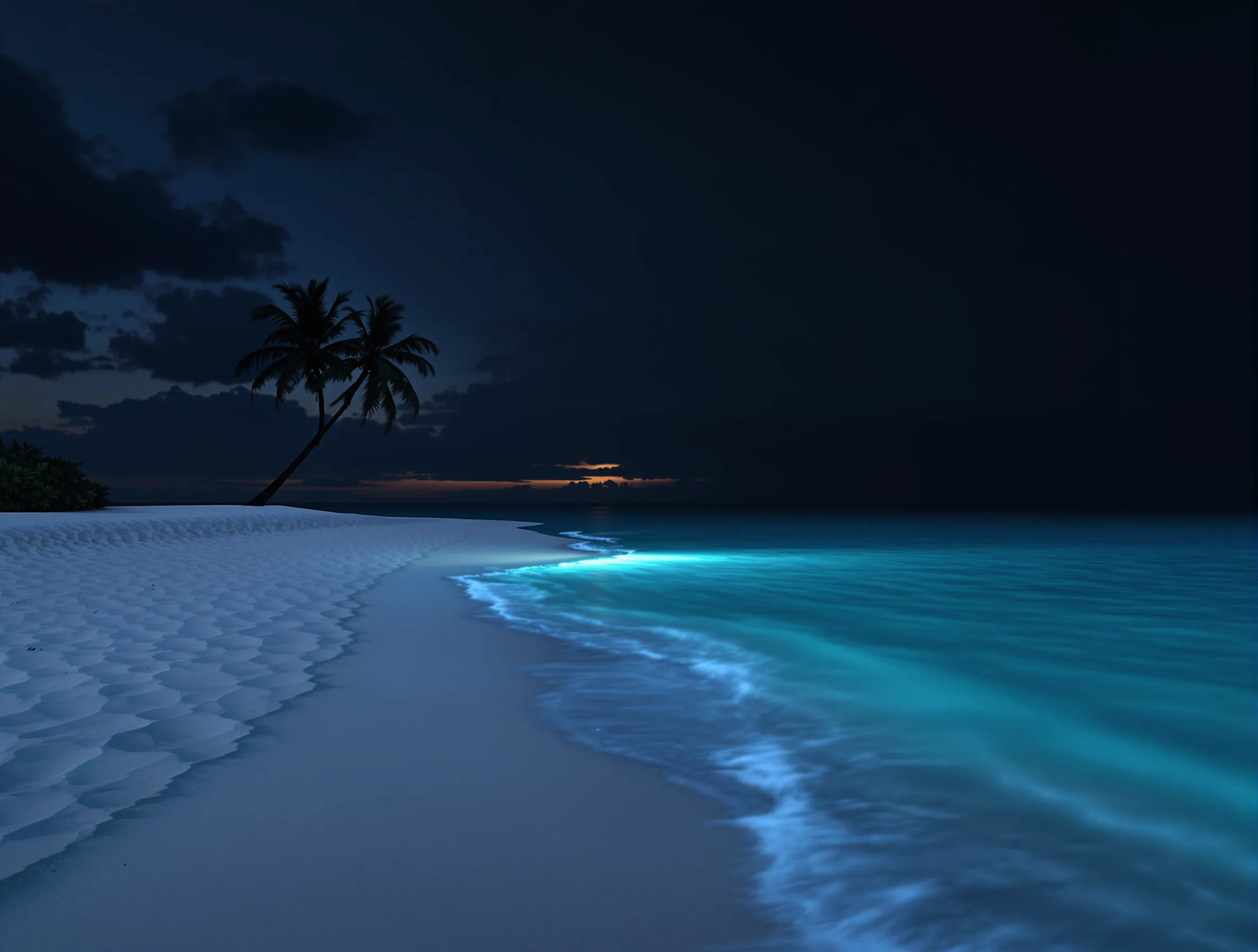 Playa tropical de noche con olas turquesa brillantes y una palmera