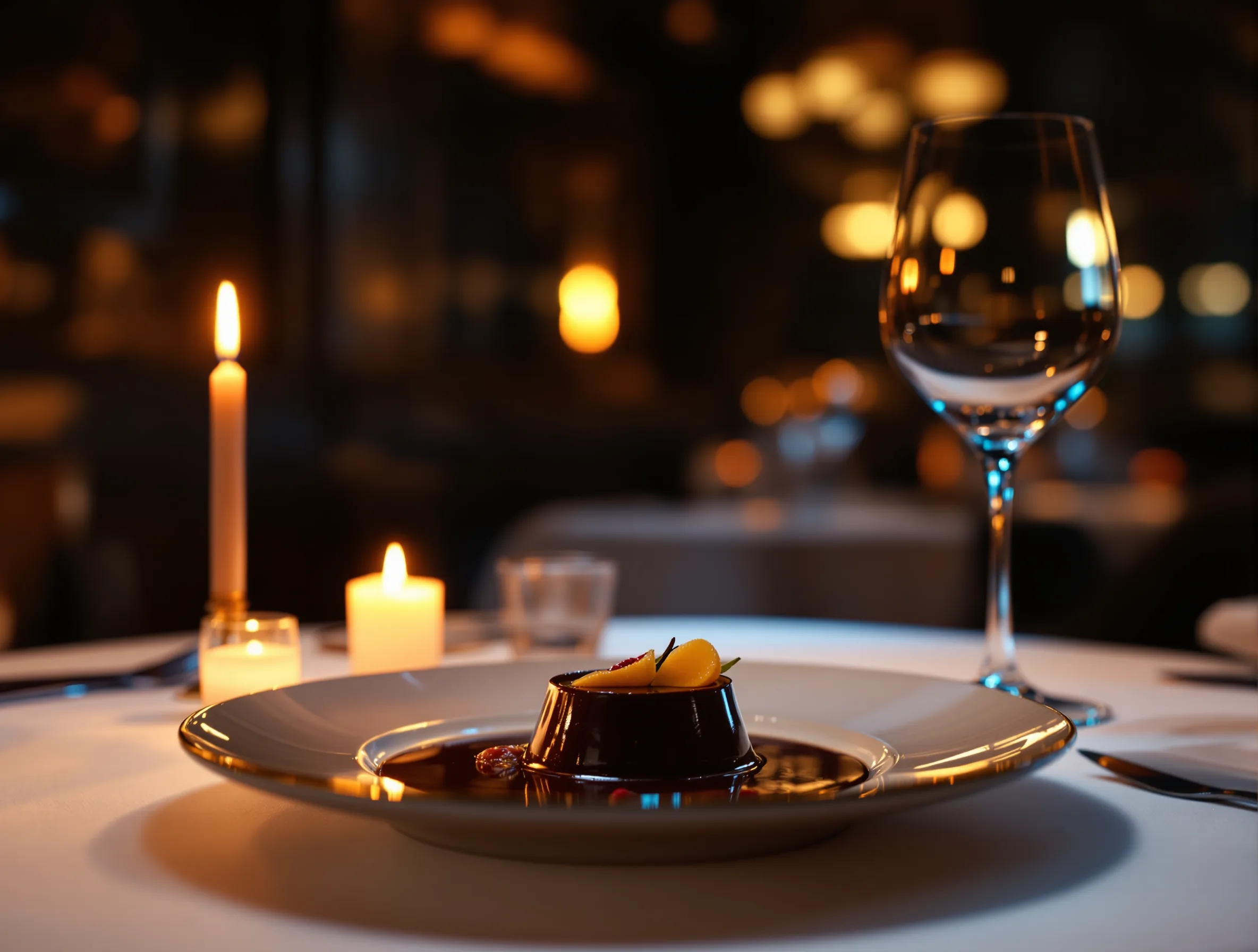 Plato de alta cocina servido en un restaurante elegante a la luz de las velas